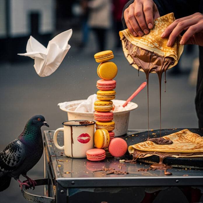 A vendor folding a Nutella crepe with a pigeon nearby.