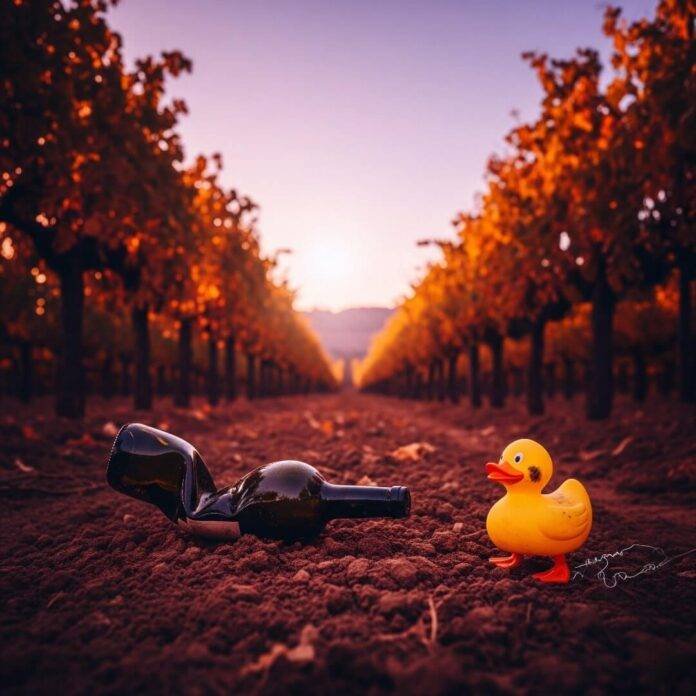 “Dusk in Burgundy, where I dropped bottles and chased ducks—cheers to chaos!”