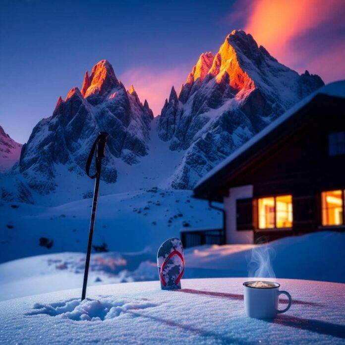Cozy chalet, Alpine peaks, ski pole, flip-flop, steaming cocoa, vibrant colors.