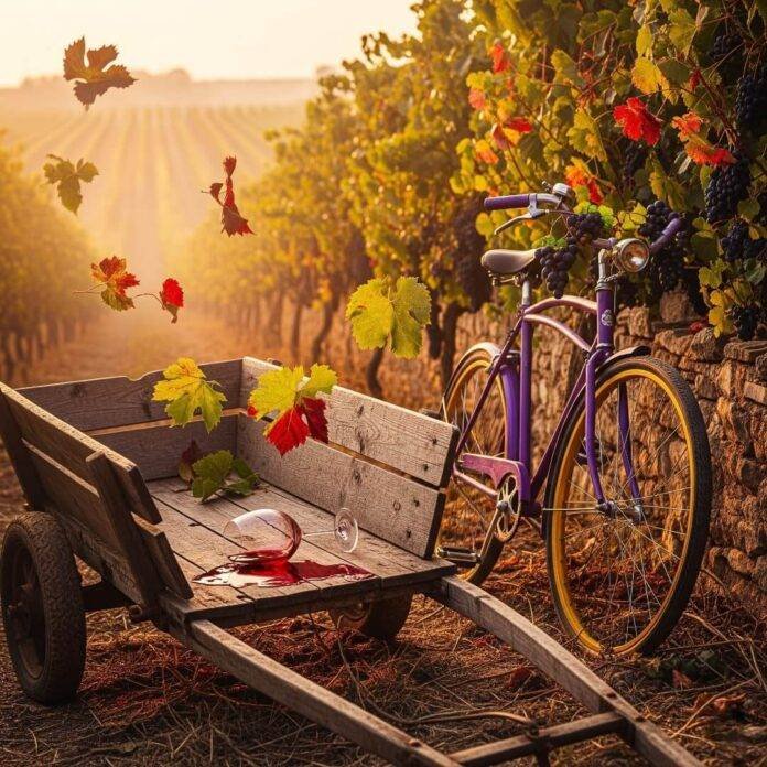 A wagon with spilled wine and a bike.