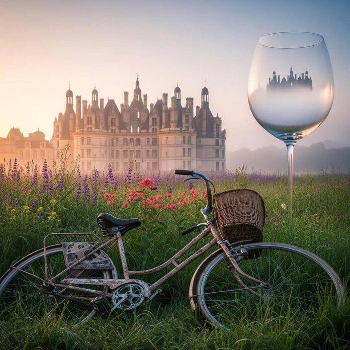 Chambord castle at dawn, bicycle, wildflowers, giant wine glass.