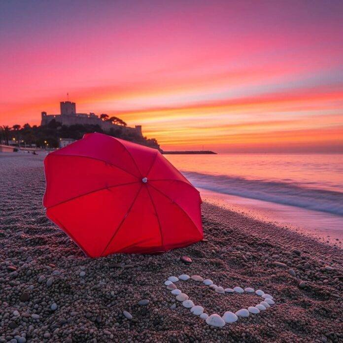 Red parasol on a pebbly beach at sunset.
