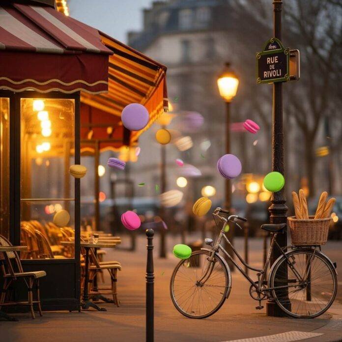 Parisian street at dusk with macarons floating.