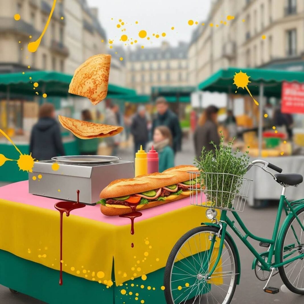 A crepe is being flipped at a market stall.