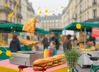 The Ultimate Paris Street Food Guide for First-Time Visitors A crepe is being flipped at a market stall.