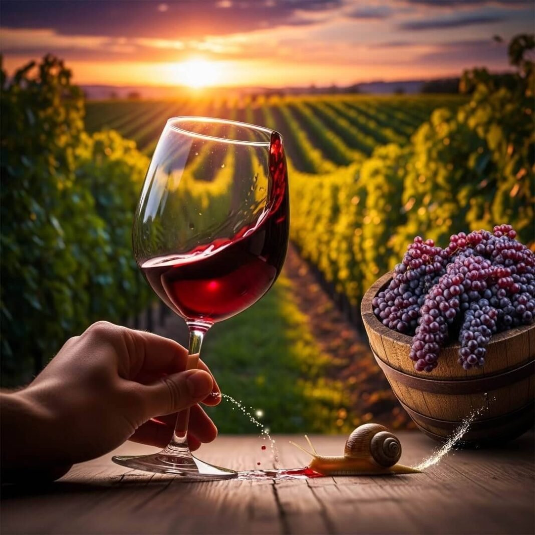 Hand holding wine glass, snail crawling on table.