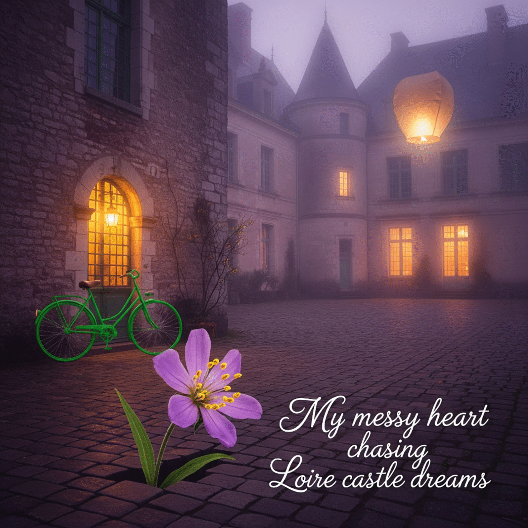 Misty castle, glowing windows, bicycle, flower, lantern.