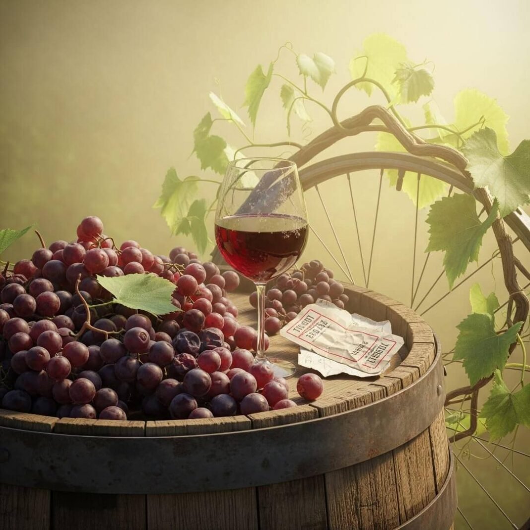 Wine barrel with grapes, wine glass, and a bike wheel.