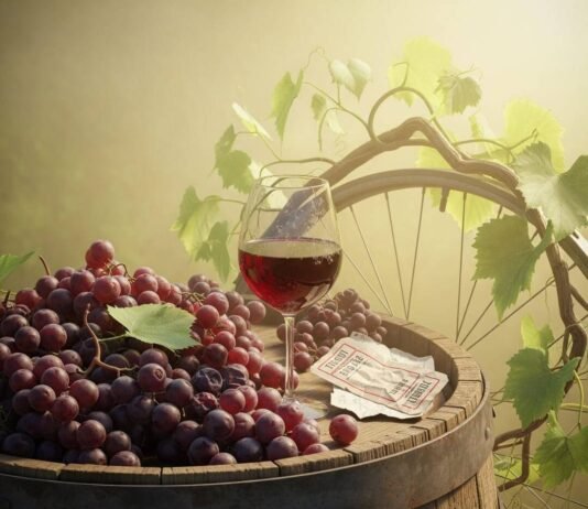 From Paris to Burgundy: Easy Day Trips for Wine Lovers Wine barrel with grapes, wine glass, and a bike wheel.