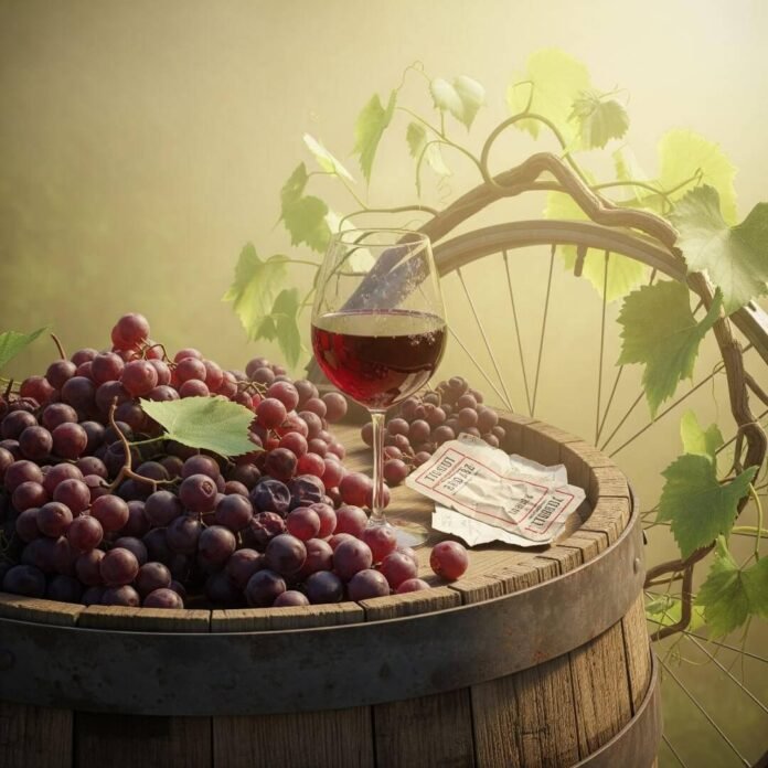Wine barrel with grapes, wine glass, and a bike wheel.