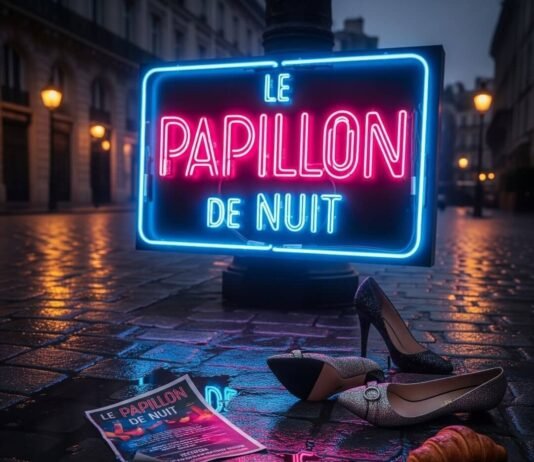 The Ultimate Guide to Paris Clubbing for Tourists Neon sign, flyer in puddle, and a croissant.