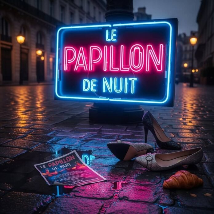 Neon sign, flyer in puddle, and a croissant.