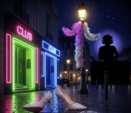 Top 10 Paris Clubs That Keep the Party Going All Night Neon-lit Parisian street with club entrance, heels, DJ shadow.