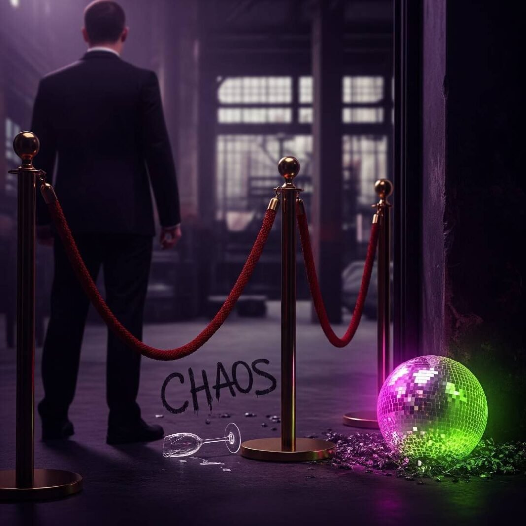 Broken champagne glass and disco ball at club entrance.