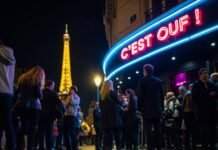 How to Dress & Impress for Paris Clubbing Nights Crowded Parisian club entrance with spilled champagne and Eiffel Tower.