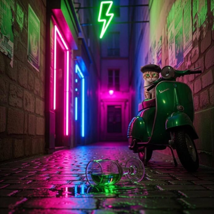 Stumbling into Paris nightlife secrets in a neon-drenched alley. http://googleusercontent.com/image_generation_content/0