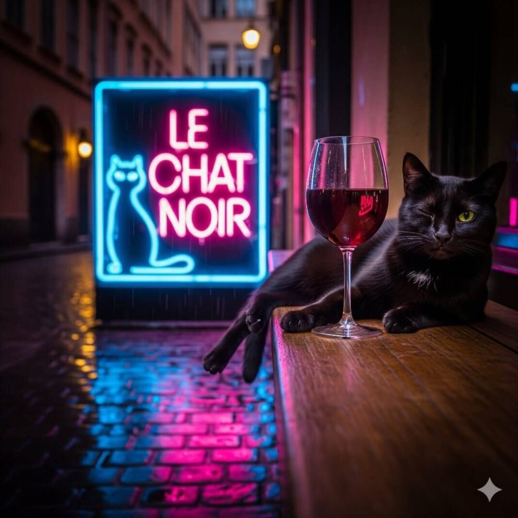 Neon-lit bar scene with a cat and a glass of wine.