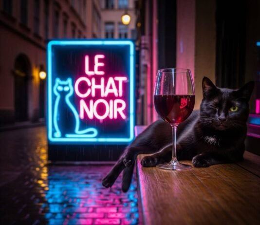 Best Night Bars in Lyon: Where to Drink Like a Local Neon-lit bar scene with a cat and a glass of wine.