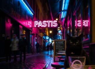 Lyon Nightlife Guide: 10 Bars You Can’t Miss Neon-lit Lyon alley with a smug cat and pastis.
