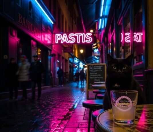 Lyon Nightlife Guide: 10 Bars You Can’t Miss Neon-lit Lyon alley with a smug cat and pastis.