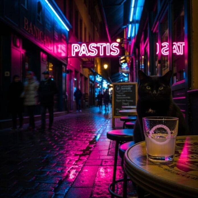 Neon-lit Lyon alley with a smug cat and pastis. Neon-lit Lyon alley with a smug cat and pastis.