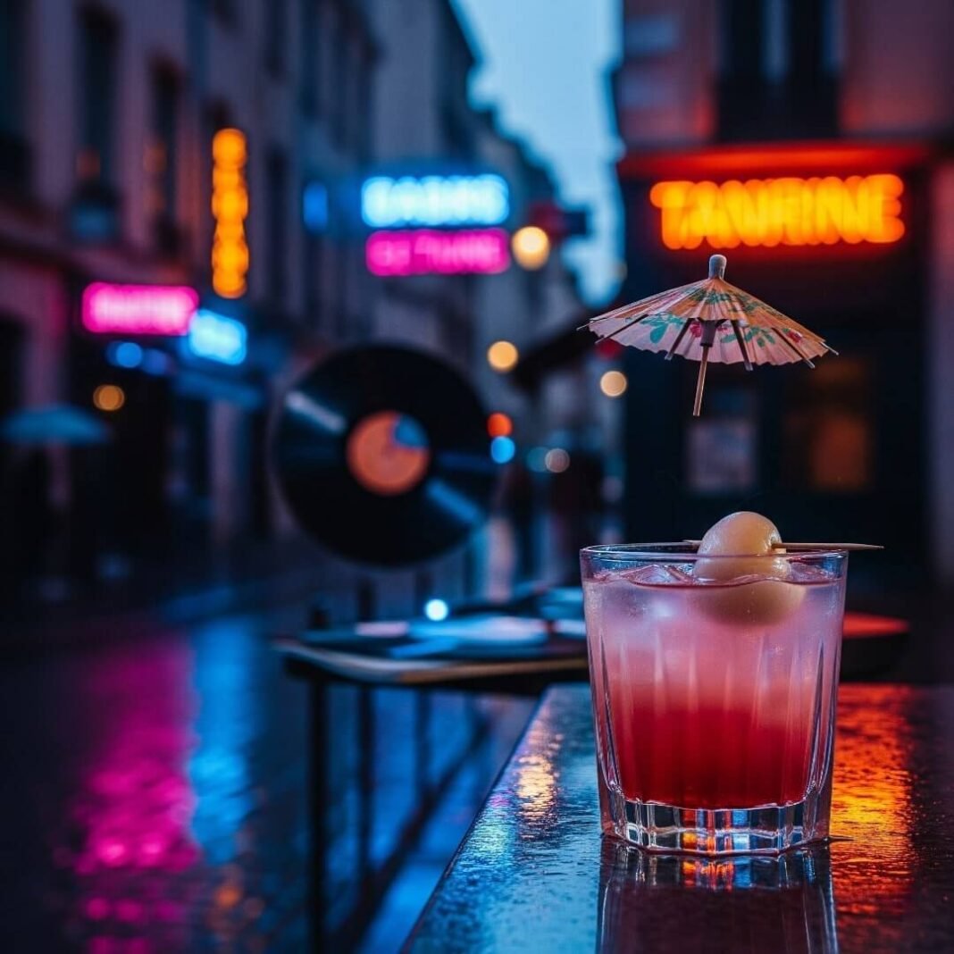 Cocktail with lychee on a rainy, neon-lit street.