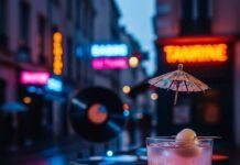 Cocktails & Culture: The Rise of Lyon Night Bars Cocktail with lychee on a rainy, neon-lit street.