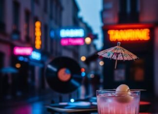 Cocktails & Culture: The Rise of Lyon Night Bars Cocktail with lychee on a rainy, neon-lit street.