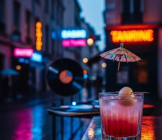 Cocktails & Culture: The Rise of Lyon Night Bars Cocktail with lychee on a rainy, neon-lit street.