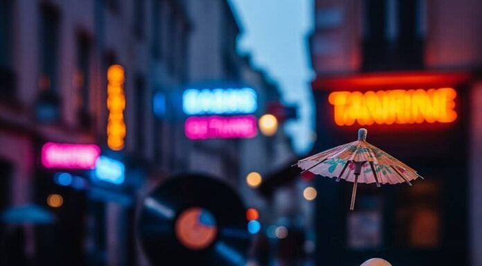 Cocktails & Culture: The Rise of Lyon Night Bars Cocktail with lychee on a rainy, neon-lit street.