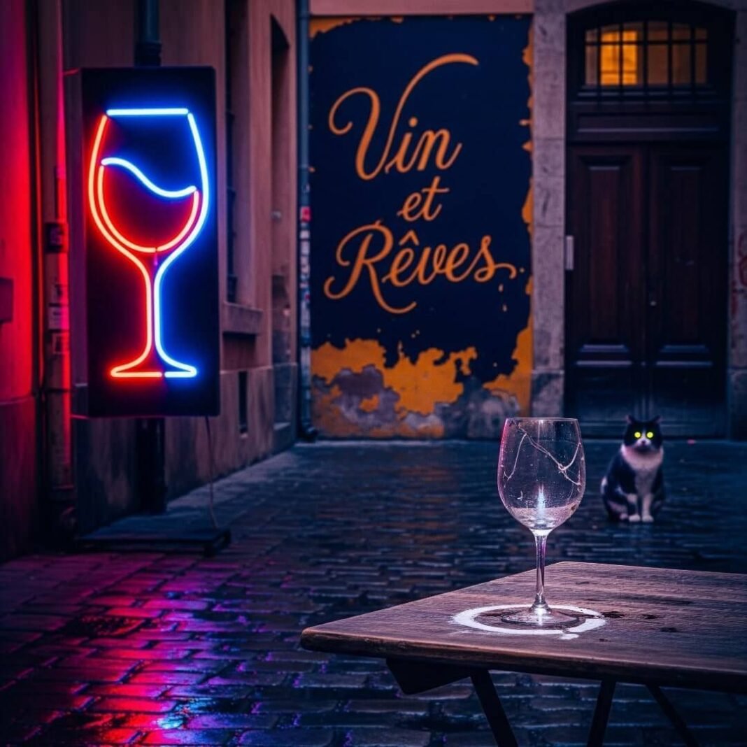 Neon-lit Lyon alley with chipped glass and cat.