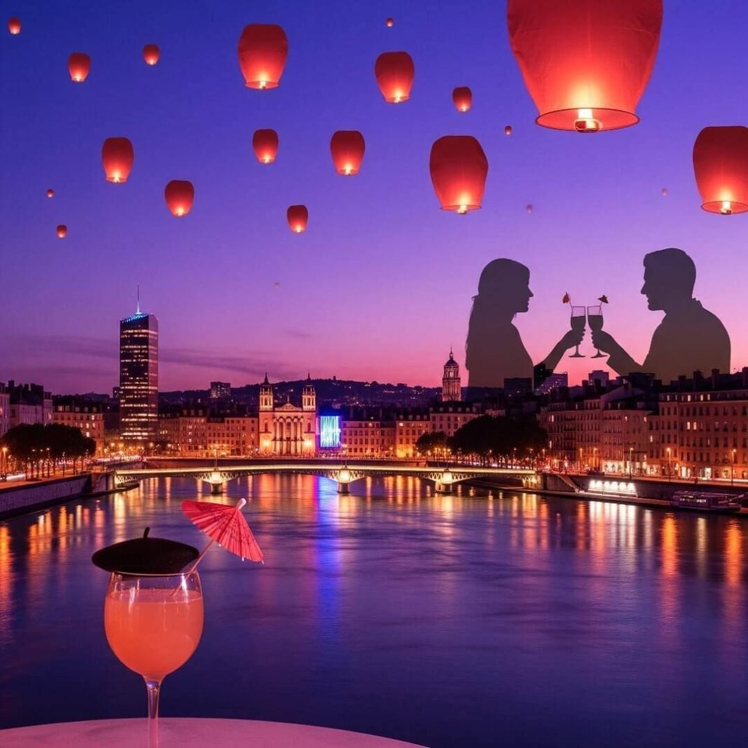 Lyon cityscape at dusk with cocktail and lanterns.