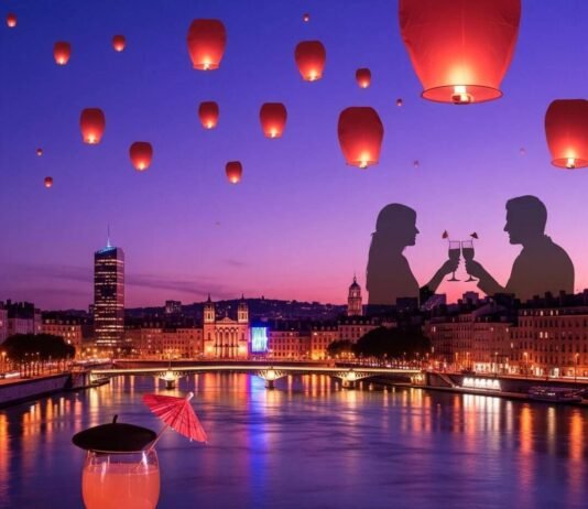 Top Rooftop Bars in Lyon with Stunning City Views Lyon cityscape at dusk with cocktail and lanterns.
