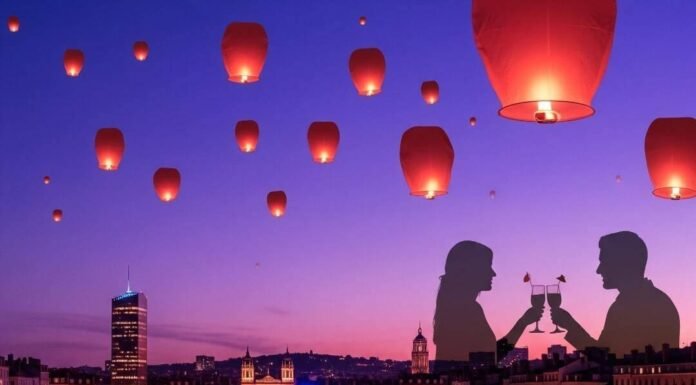 Top Rooftop Bars in Lyon with Stunning City Views Lyon cityscape at dusk with cocktail and lanterns.