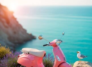 Côte d’Azur Sights: 12 Must-See Spots on the French Riviera Pink Vespa and seagull on cliff overlooking sea.