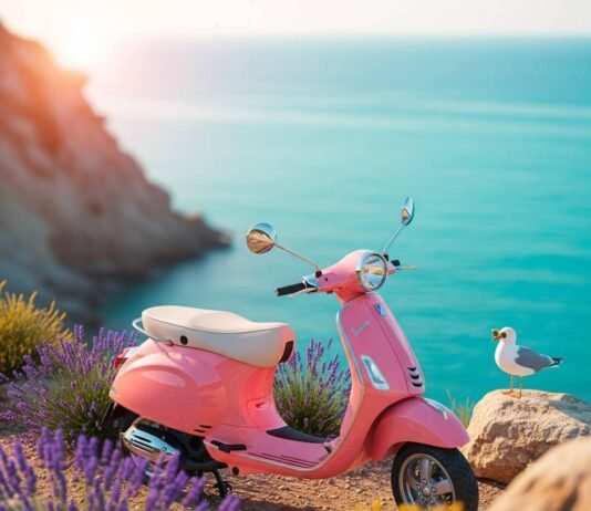 Côte d’Azur Sights: 12 Must-See Spots on the French Riviera Pink Vespa and seagull on cliff overlooking sea.