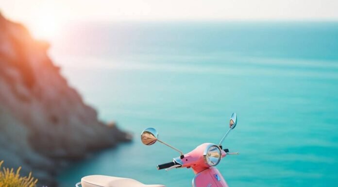 Côte d’Azur Sights: 12 Must-See Spots on the French Riviera Pink Vespa and seagull on cliff overlooking sea.