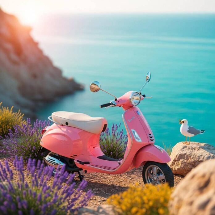 Pink Vespa and seagull on cliff overlooking sea.