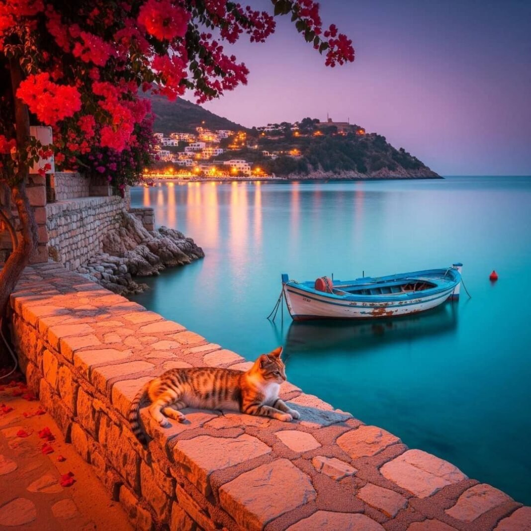 Stray cat and fishing boat at a quiet cove.