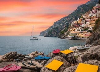 Côte d’Azur vs Amalfi Coast: Which Has Better Views? Cliffside village at sunset with flip-flops and postcards.