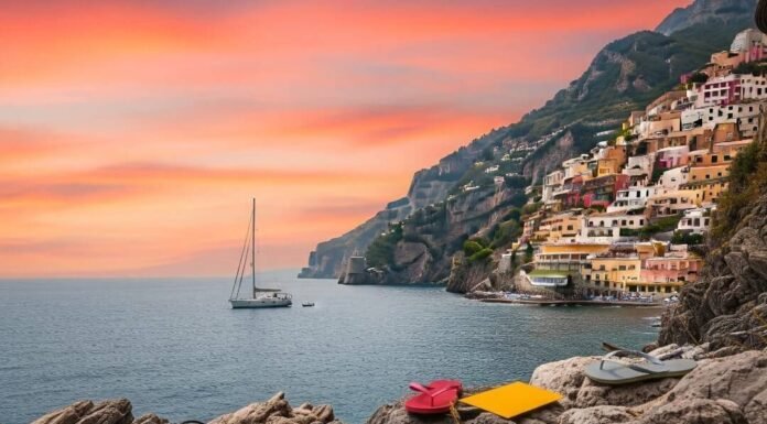 Côte d’Azur vs Amalfi Coast: Which Has Better Views? Cliffside village at sunset with flip-flops and postcards.
