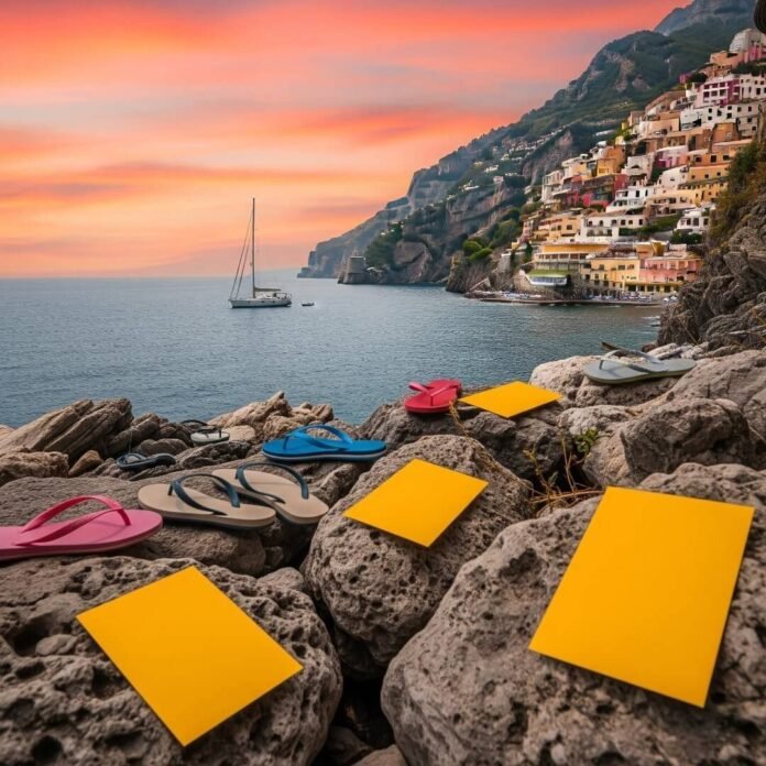 Cliffside village at sunset with flip-flops and postcards.