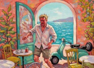 Ultimate Guide to Exploring Côte d’Azur in 5 Days Flustered man stumbles into a chaotic French Riviera café.