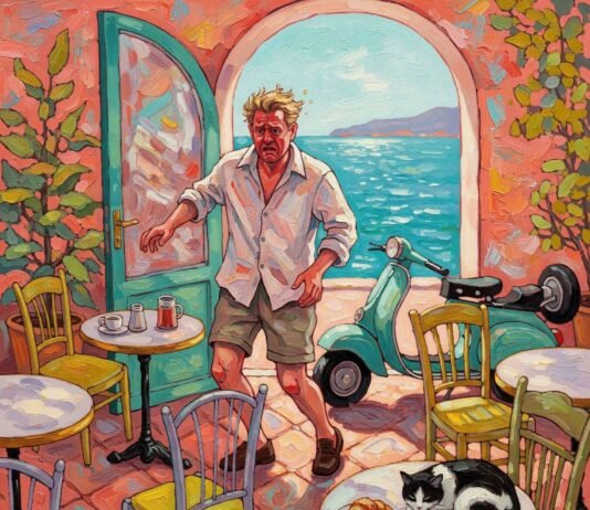 Ultimate Guide to Exploring Côte d’Azur in 5 Days Flustered man stumbles into a chaotic French Riviera café.