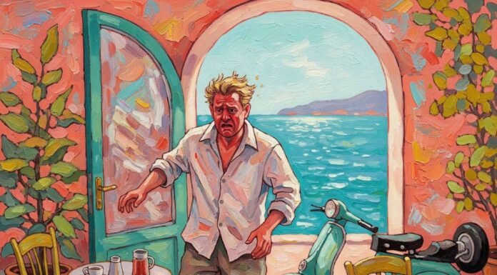 Ultimate Guide to Exploring Côte d’Azur in 5 Days Flustered man stumbles into a chaotic French Riviera café.