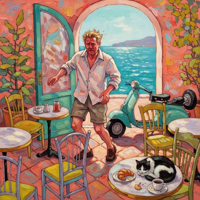 Flustered man stumbles into a chaotic French Riviera café.