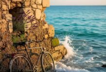 Côte d’Azur Sights You Didn’t Know Existed (But Should) Bicycle, glowing shells, stone wall by turquoise sea.