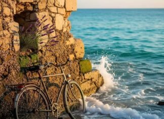 Côte d’Azur Sights You Didn’t Know Existed (But Should) Bicycle, glowing shells, stone wall by turquoise sea.