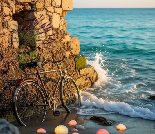 Côte d’Azur Sights You Didn’t Know Existed (But Should) Bicycle, glowing shells, stone wall by turquoise sea.