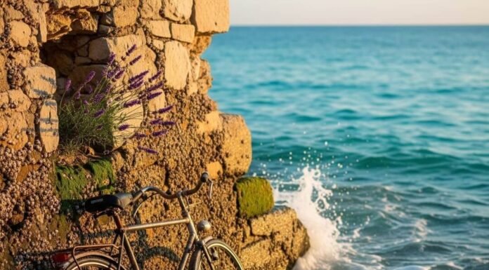 Côte d’Azur Sights You Didn’t Know Existed (But Should) Bicycle, glowing shells, stone wall by turquoise sea.